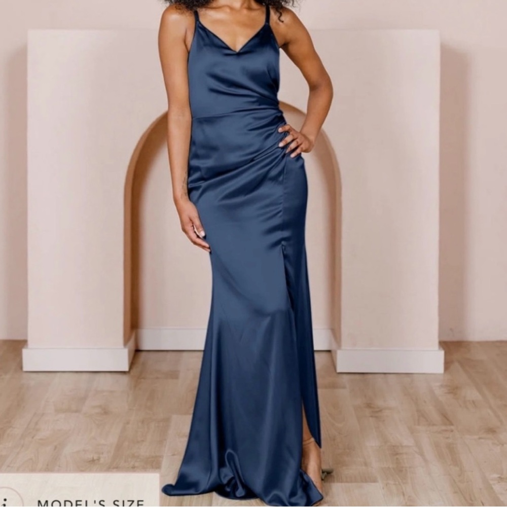 Revelry Navy Blue Satin Rory Gown Size 8
